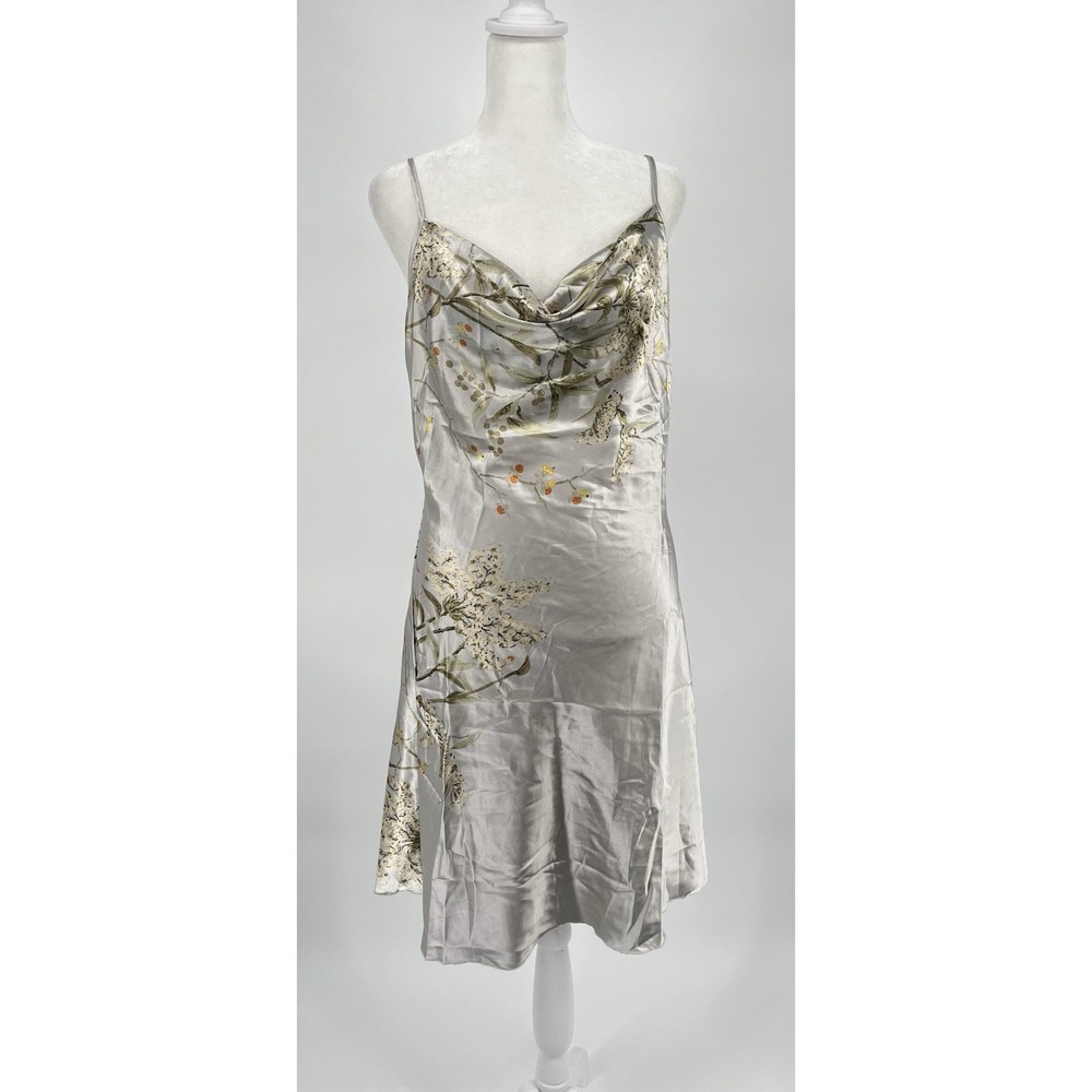 Floral‎ Satin Cowl Neck Slip Dress Womens Medium Silky Midi Y2K Earthy Neutral